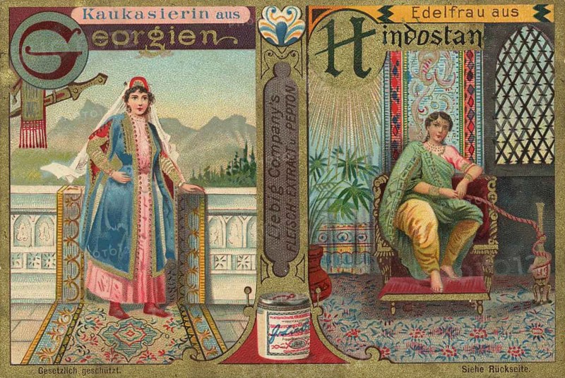 Picture series Noble woman from all over the world, Caucasian woman from Georgia and noblewoman from Hindustan, India, Liebig picture, digitally restored reproduction of a collector's picture from ca 1900, public domain, exact date unknown, woman in traditional Georgian and Hindostani dress in front of a mountain backdrop, Asia