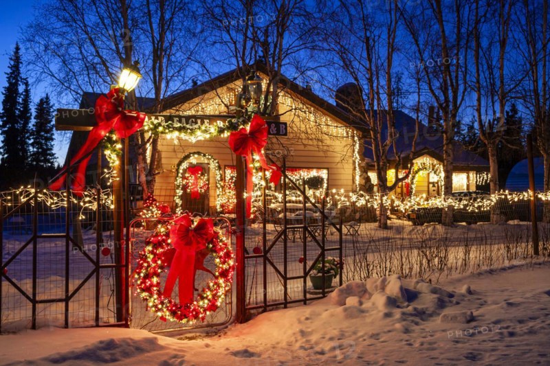 Christmas decorated house, bed and breakfast, dusk, Delta Junction, Alaska, USA, North America