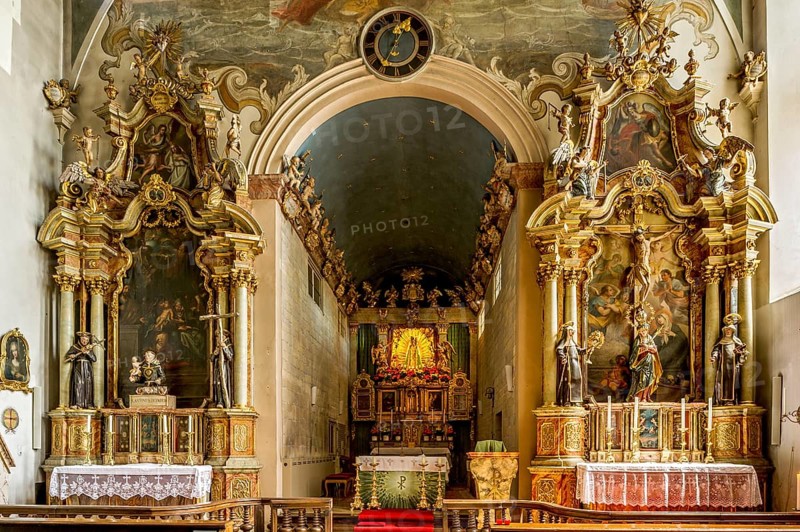 Interior of the monastery church of the Annunciation with main altar and side altars, Baroque, Reutberg Monastery, Sachsenkam in the Ellbach and Kirchseemoor nature reserve, Isarwinkel, Upper Bavaria, Bavaria, Germany, Europe
