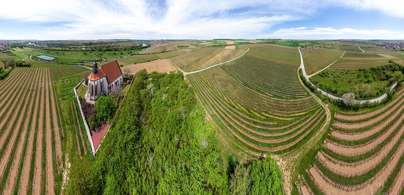 Panoramic aerial view of church 'Maria im Weingarten' near Volkach, Bavaria, franconia, Germany, Europe