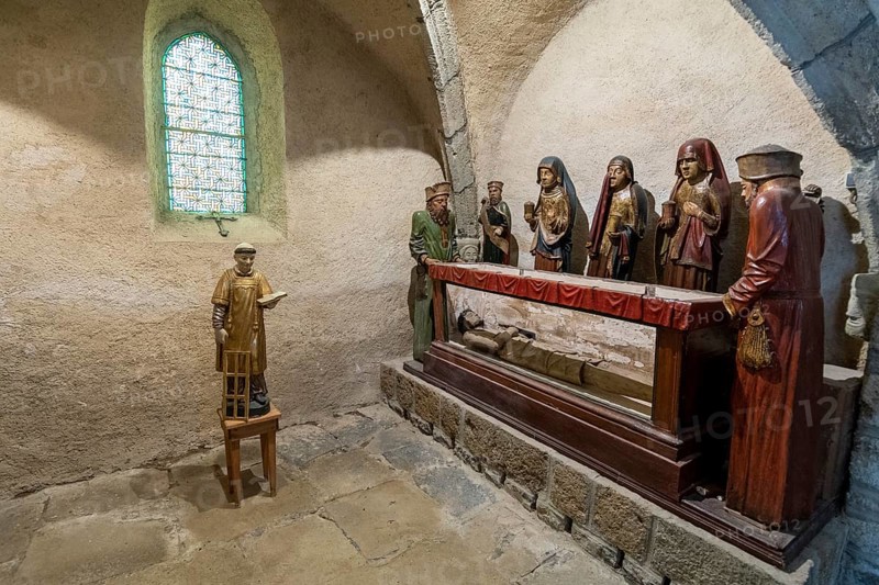 Life-size polychrome wooden entombment at Eglise Saint-Roch in Aubazat, Haute-Loire, Haut Allier, Auvergne-Rhone-Alpes, France, Europe