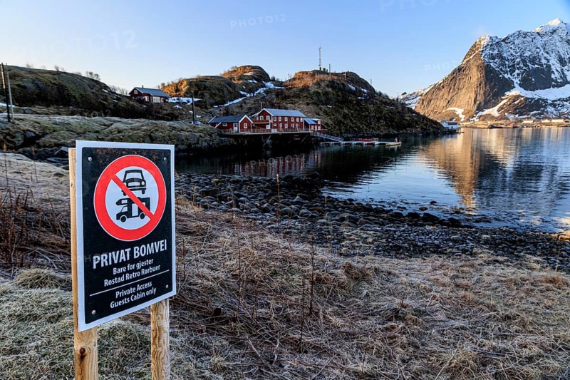 Prohibition sign, driving ban, camper ban, Reine, Moskenesoya, Lofoten, Norway, Europe