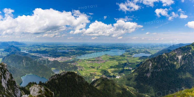 Panorama from the Säuling, 2047m, on Füssen, Hopfensee, Forggensee and Bannwaldsee, Ostallgäu, Bavaria, Germany, Europe