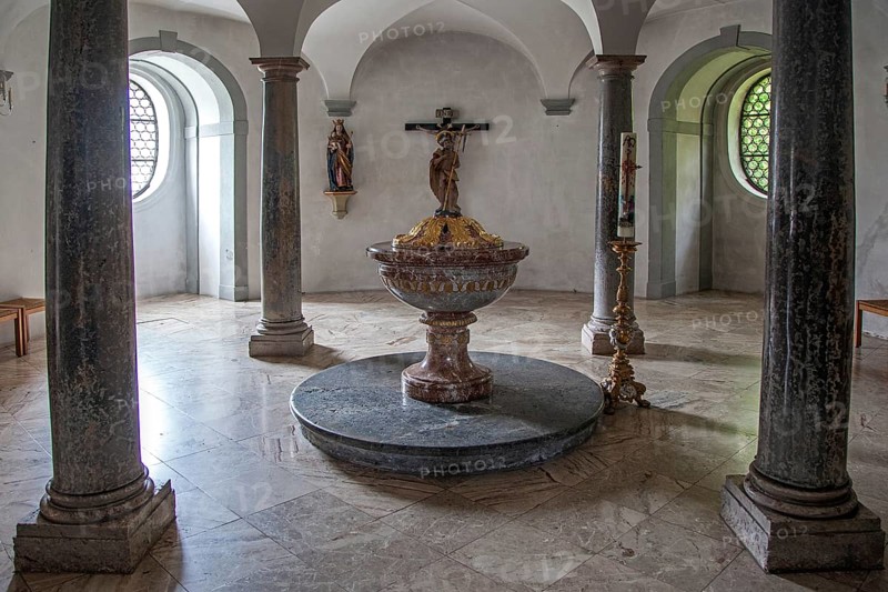 Baptistery, parish church, baroque basilica St. Mang, interior view, Füssen, Ostallgäu, Allgäu, Bavaria, Germany, Europe