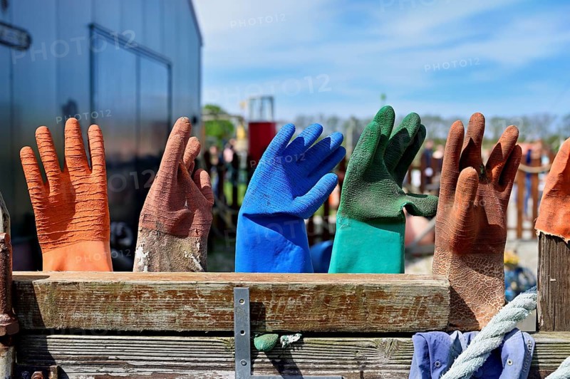 Gloves fished out of the sea by beachcombers, Maritime and Beachcomber Museum Flora, the world's largest museum of flotsam and jetsam, De Koog, Holland, Netherlands