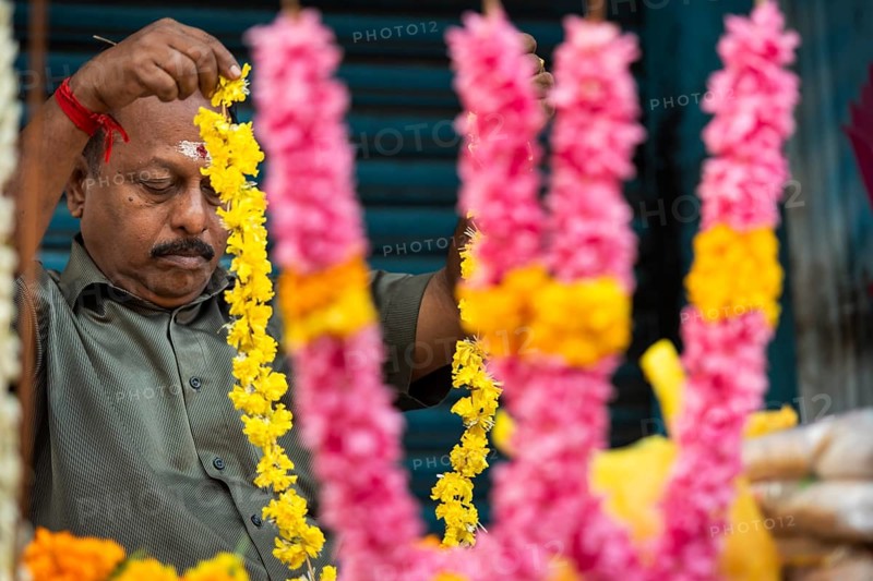 Flower seller, flower garlands, blossoms, Alappuzha or Alleppy, Kerala, India, Asia