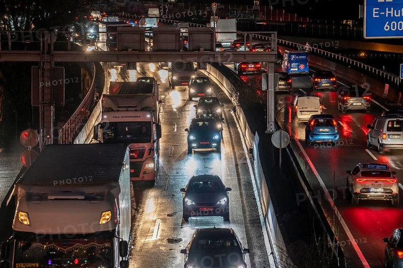 Evening traffic jam on the A40 motorway, Essen-Huttrop junction, traffic jam in both directions, North Rhine-Westphalia, Germany, Europe