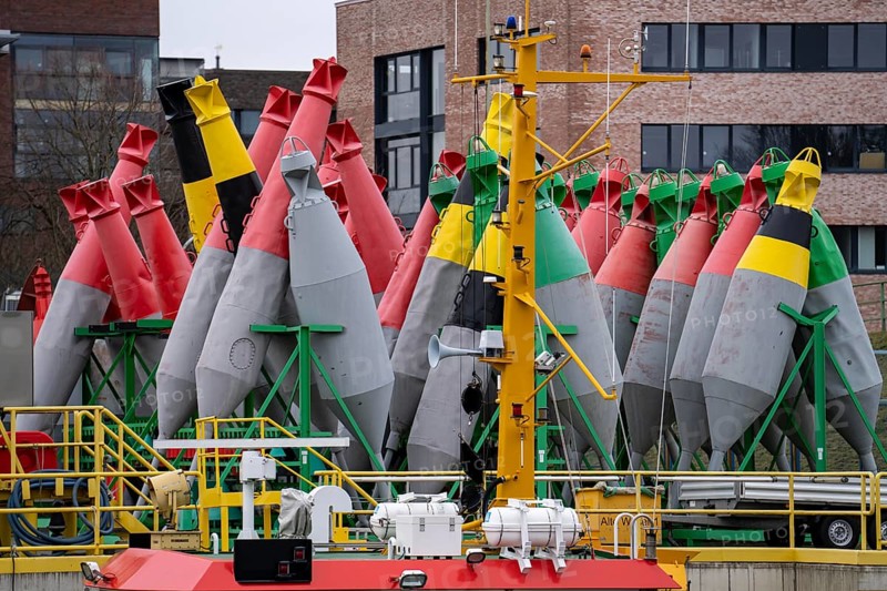 Bremerhaven buoy yard, where the navigation signs for the Outer Weser are maintained and deployed, belongs to the Weser-Jade-North Sea Waterways and Shipping Office, working and measuring vessels of the WSV, Federal Waterways and Shipping Administration, Bremen, Germany, Europe