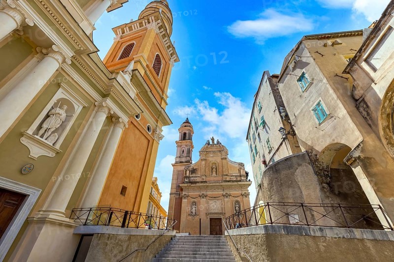 France, French Riviera, Menton Basilica Michael Archangel and old city streets in historic center, Europe