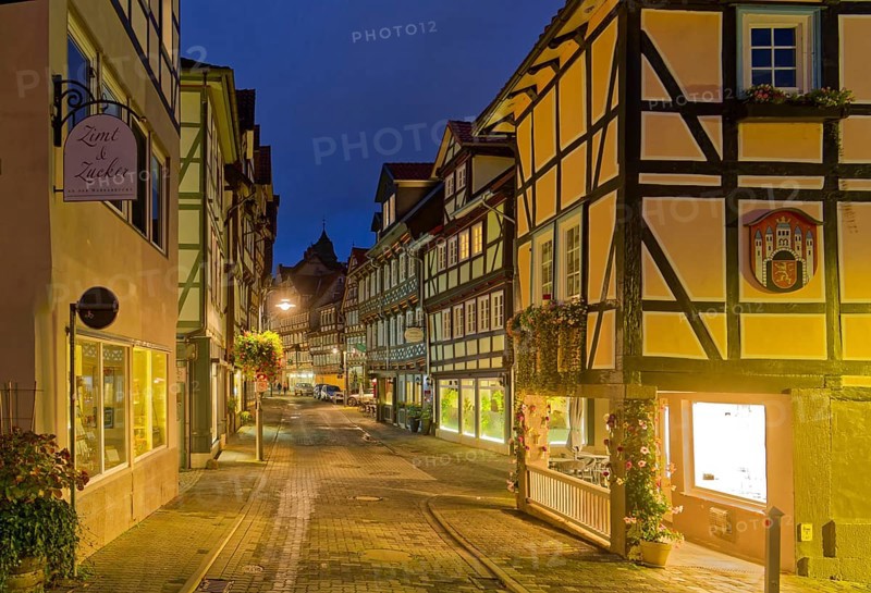 The Lange Straße in the old town centre of Hannoversch Münden with historic half-timbered houses in the evening. Hannoversch Münden, Lower Saxony, Germany, Europe