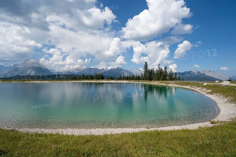 Reservoir at Gschwandtkopf, Karwendel Mountains, behind Wetterstein range, Alps, Seefeld, Tyrol, Austria, Europe