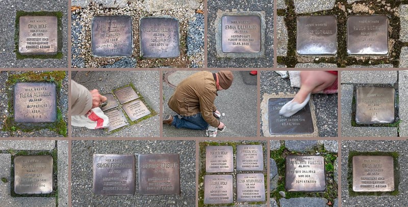 Polishing and cleaning Stumbling Stones to commemorate the Night of Broken Glass on 9 November 1938, Stumbling Stone tour through Schnaittach, Middle Franconia, Bavaria, Germany, Europe
