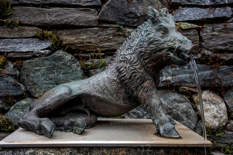 Fountain, wild boar fountain in the mountain village of Bordei, Centovalli, Canton Ticino, Switzerland, Europe
