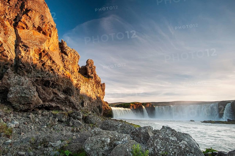 River Skjálfandafljót, waterfall Góðafoss or Godafoss, long exposure, North Iceland, Iceland, Europe