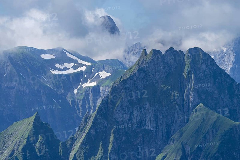 Mountain panorama from the Nebelhorn, 2224m, to the Höfats 2259m, behind it the Großer Krottenkopf, 2656m Allgäu Alps, Allgäu, Bavaria, Germany, Europe