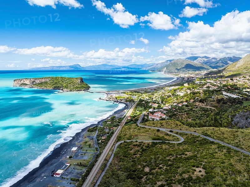 Praia a Mare from a drone, Tyrrhenian Sea, Cosenza, Calabria, Italy, Europe