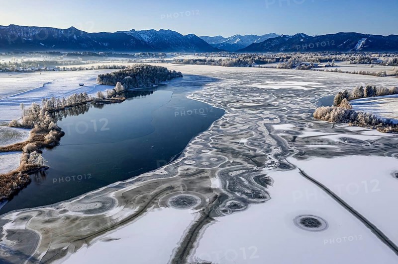 Aerial view of ice formations on a frozen lake, winter, Riegsee, Alpine foothills, Upper Bavaria, Bavaria, Germany, Europe