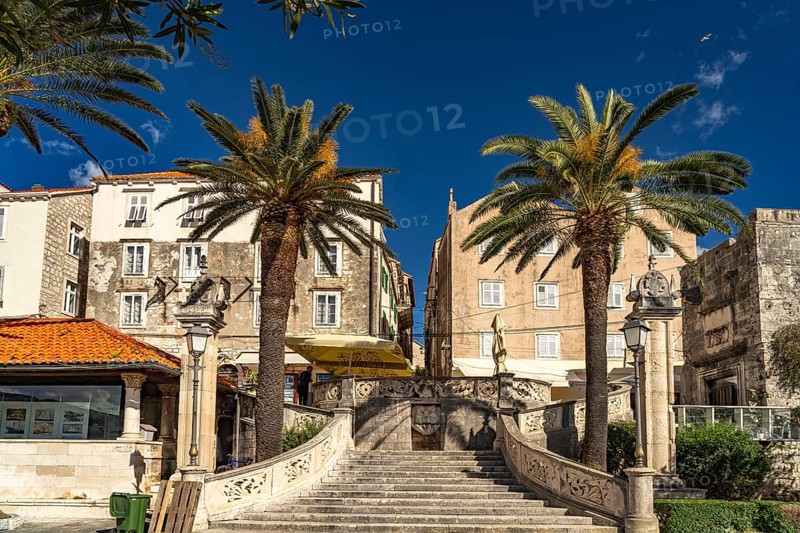 Historic staircase in the old town centre of Korcula, Croatia, Europe