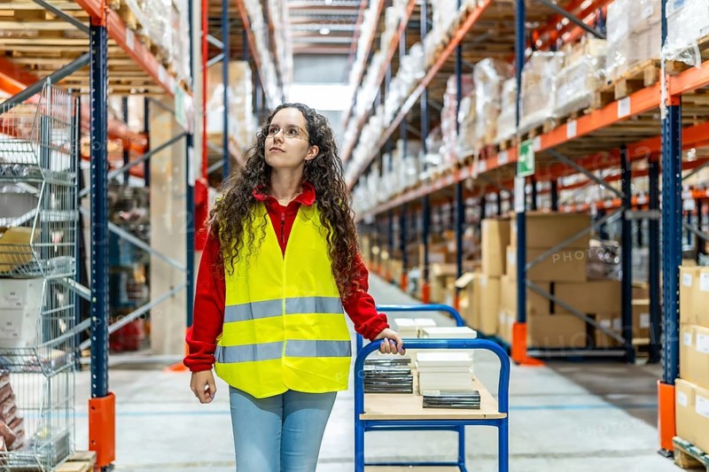Happy woman worker pulling a trolley with boxes in a distribution warehouse