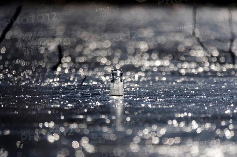 Discarded glass bottle in a frozen lake, winter, Germany, Europe