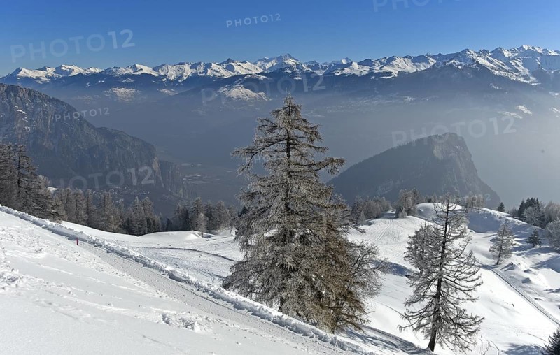 View from Alp Loutse over the Rhone valley to the snow-covered peaks of the Valais Alps, Ovronnaz, Valais, Switzerland, Europe