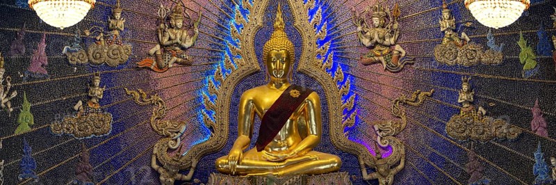 Golden Buddha statue with tunic, Bhumispara-mudra, Buddha Gautama at the moment of enlightenment, art gallery with modern art trends such as minimalism and abstraction, Wat Pariwat, Yan Nawa district, Bangkok, Thailand, Asia