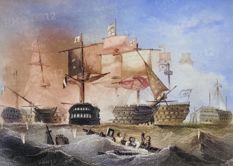 Battle of Trafalgar on 21 October 1805 was a naval battle between British and Franco-Spanish forces during the War of the Third Coalition, Historical, digitally restored reproduction from a 19th century original, Record date not stated