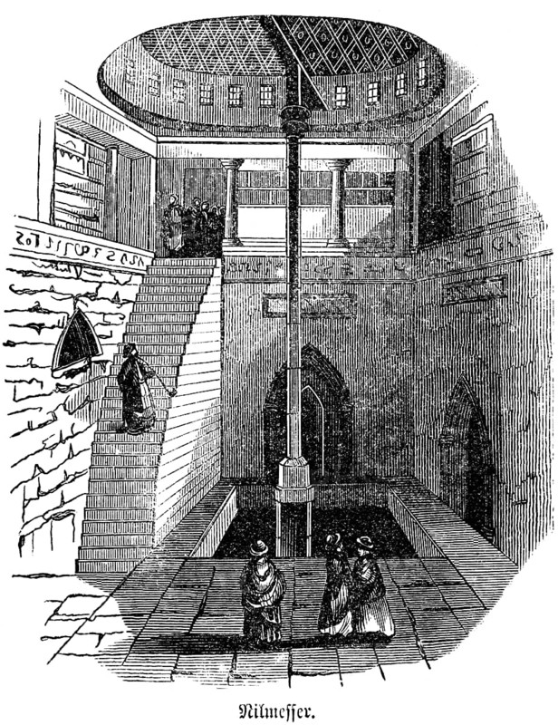 The Nile gauge or Nilometer in Cairo measures the changing water level of the Nile, prediction of extreme high and low water, importance for the irrigation of fields. Agriculture, September highest water level, high interior, steep stairs, people, Bible, historical illustration, Biblical Dictionary 1862