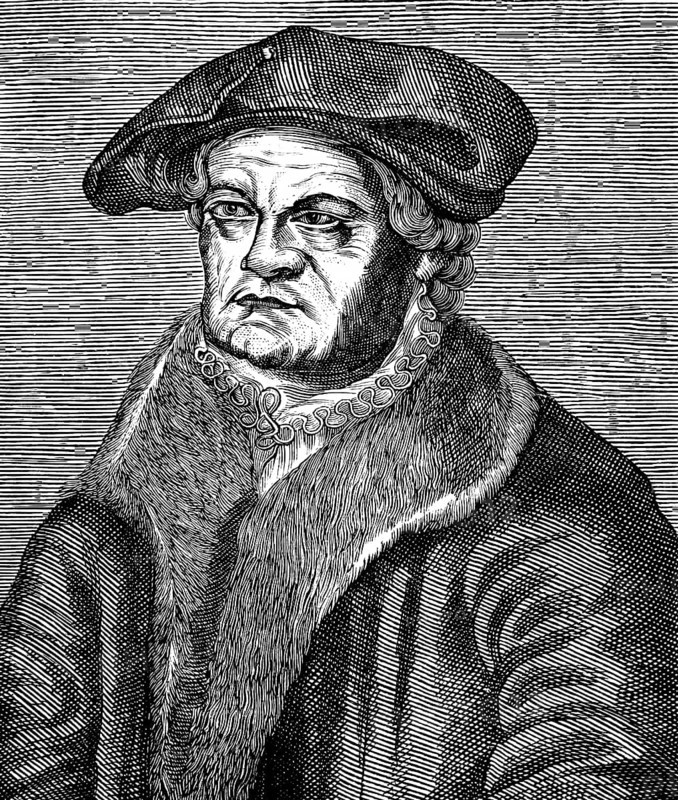 Choirmaster as Thomaskantor in Leipzig, author of ecclesiastical compositions and chorales, Georg Rhau (1488-1548), cap, fur coat, serious look, portrait of a man, historical illustration 1892