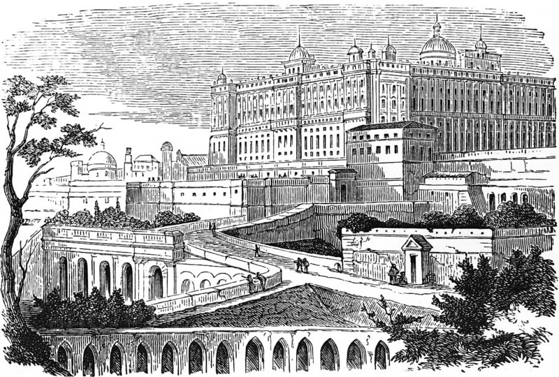 Residence of the King, Palacio Real, Royal Palace in the Spanish capital Madrid, architectural style baroque, high nobility, hill, wall, architecture, geography, Spain, historical illustration 1888, Europe