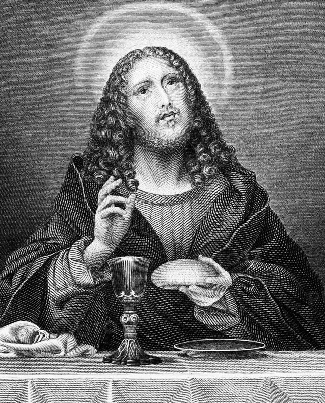 Portrait of Jesus Christ, halo, table, bread, wine, cloak, bible, historical illustration 1854