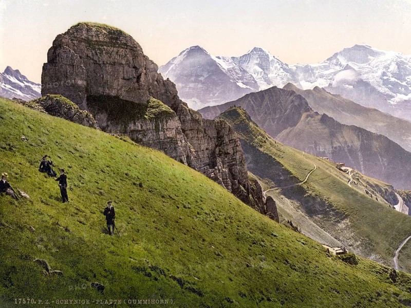 Schynige Platte, Gummihorn, Eiger, Mönch and Jungfrau, Bernese Oberland, Switzerland, Historic, digitally restored reproduction from a 19th century original, Record date not stated, Monch and Jungfrau, Bernese Oberland, Switzerland, Historic, digitally restored reproduction from a 19th century original, Record date not stated, Europe