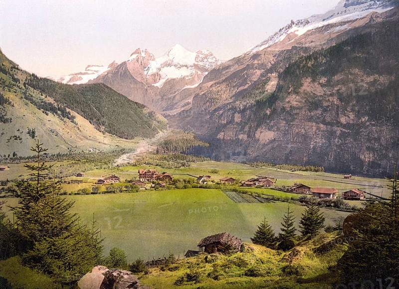 Kandersteg village and Blümlisalp mountain group, Bernese Oberland, Switzerland, Historic, digitally restored reproduction from a 19th century original, Record date not stated, Kandersteg village and Blümlisalp mountain group, Bernese Oberland, Switzerland, Historic, digitally restored reproduction from a 19th century original, Record date not stated, Europe