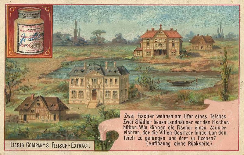 Picture series puzzle, two fishermen live on the shore of a pond, two townspeople build houses in front of the fishermen's huts, Liebig picture, digitally restored reproduction of a collector's picture from around 1900, public domain, exact date unknown, scene with pond and villas in the background, fishermen's huts on the shore