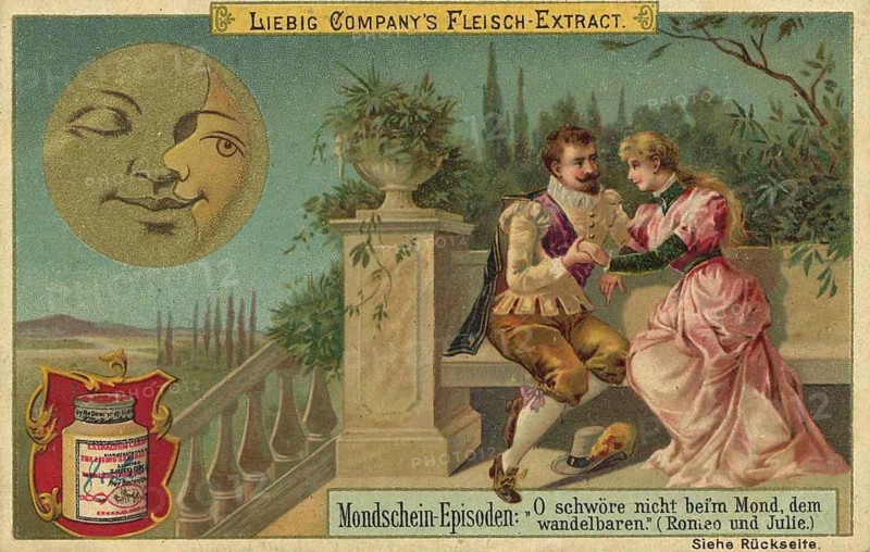 Picture series Moonlight Episodes, O swear not by the moon, the changeable one, Romeo and Juliet, Liebig picture, digitally restored reproduction of a collector's picture from ca 1900, public domain, exact date unknown, Romeo and Juliet sitting in the garden, surrounded by romantic atmosphere