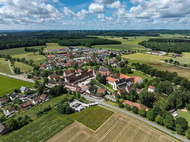 Aerial view of the village of Heiligkreuztal with the cathedral and the former Cistercian nunnery, district of Biberach, Upper Swabia, Baden-Württemberg, Germany, Europe