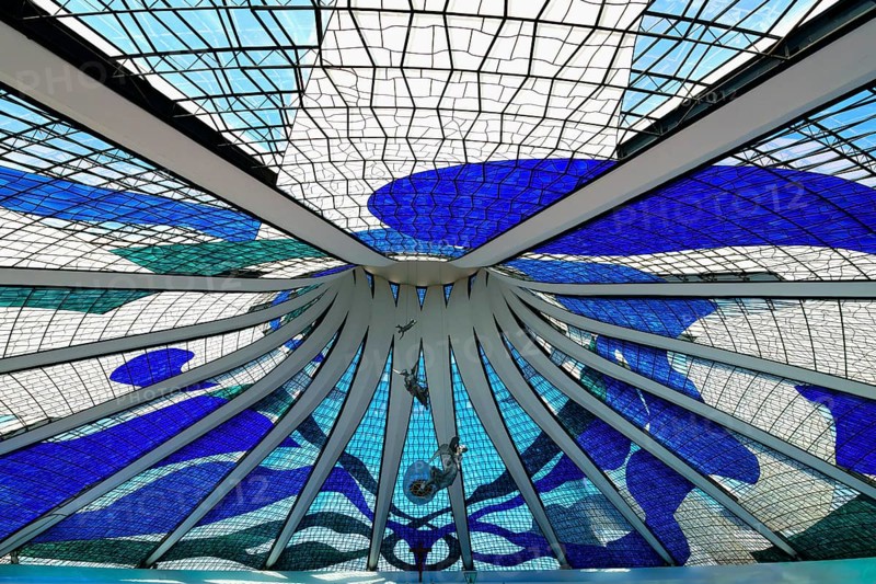Angels hanging from the stained-glass ceiling, Roman Cathedral of Brasilia or Metropolitan Cathedral of Our Lady of Aparecida, designed by Oscar Niemeyer, World Heritage Site, Brasilia, Federal district, Brazil, South America