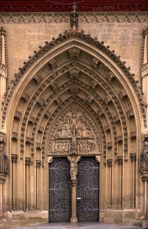 West portal, tympanum with depiction of the Last Judgement, St Mary's Chapel, Würzburg, Lower Franconia, Bavaria, Germany, Europe
