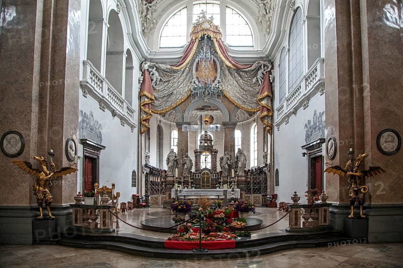 Church, baroque basilica of St. Mang, interior view, altar table, Füssen, Ostallgäu, Bavaria Germany