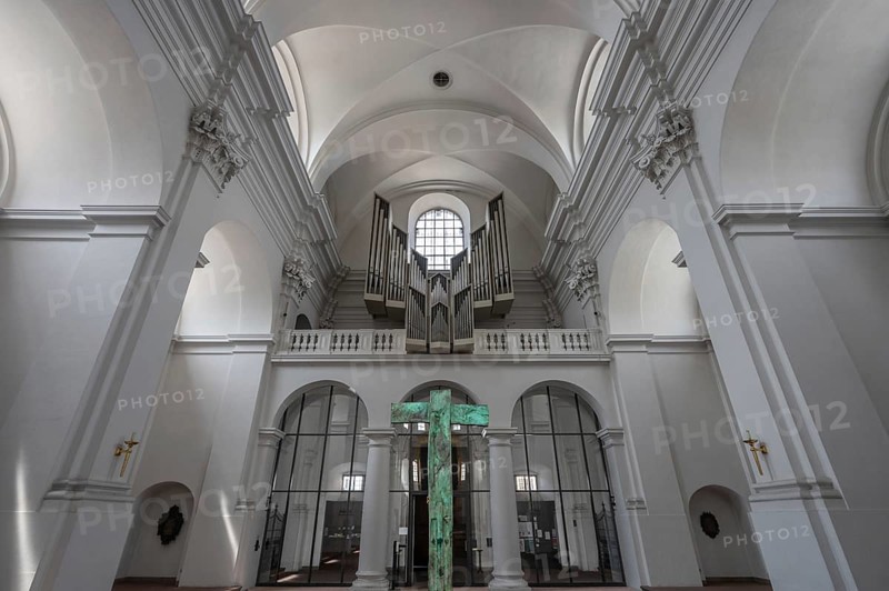 Organ loft in the parish church of St John, Hauk Abbey, built in 1691, Bahnhofstr. 4, Würzburg, Lower Franconia, Bavaria, Germany, Europe