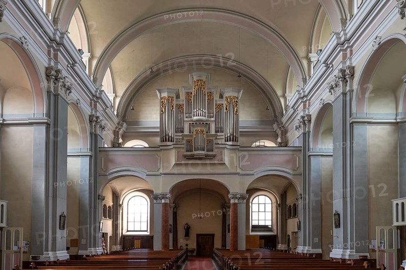 Interior with organ loft of the parish church, founded in 1307, baroqueised in the 18th century, Schärding, Lower Austria, Austria, Europe