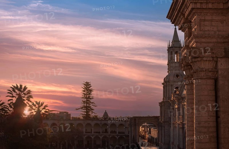 Peru, Arequipa. Basilica Cathedral of Arequipa on central Plaza De Armas in historic center., South America