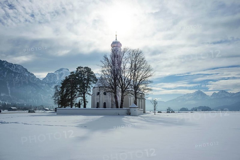 Pilgrimage Church of St Coloman, Snow, Schwangau, Allgaeu, Bavarian Swabia, Bavaria, Germany, Europe