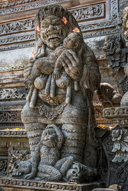 Female temple figure with child and monkey, Hinduism, tradition, Bali, Indonesia, Asia
