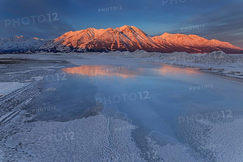 Morning light, clouds, mountains, snowy, winter, ice, Kluane Lake, Kluane Mountains, Yukon, Canada, North America