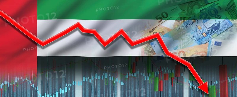 Kuwait financial crisis on economic graph, economic collapse. Financial fall of Kuwait economy on financial graph