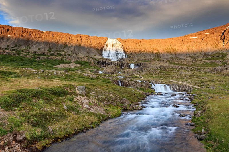 Waterfall, midnight sun, sun star, cloudy mood, mountains, Dynjandi, Westfjords, Iceland, Europe