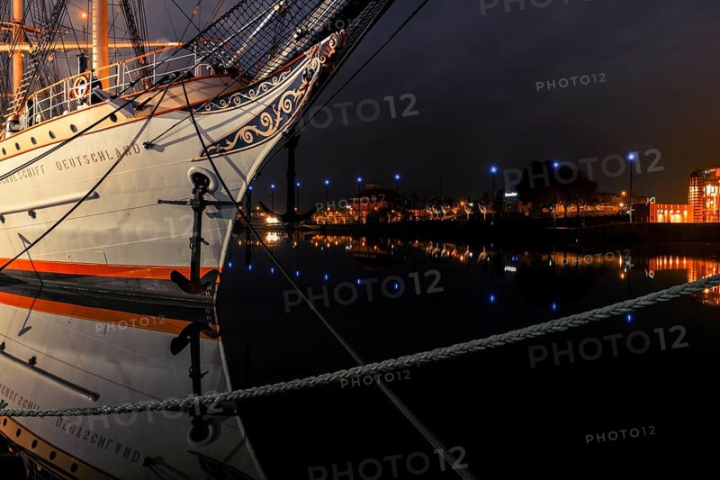 View of the bow of a tethered sailing ship at night, Bremerhaven, Bremen, Germany, Europe