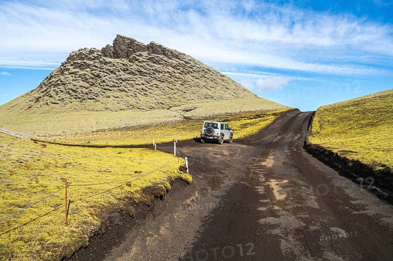 Single crater of the Laki crater row, 4x4 car on road F206, Iceland, Europe