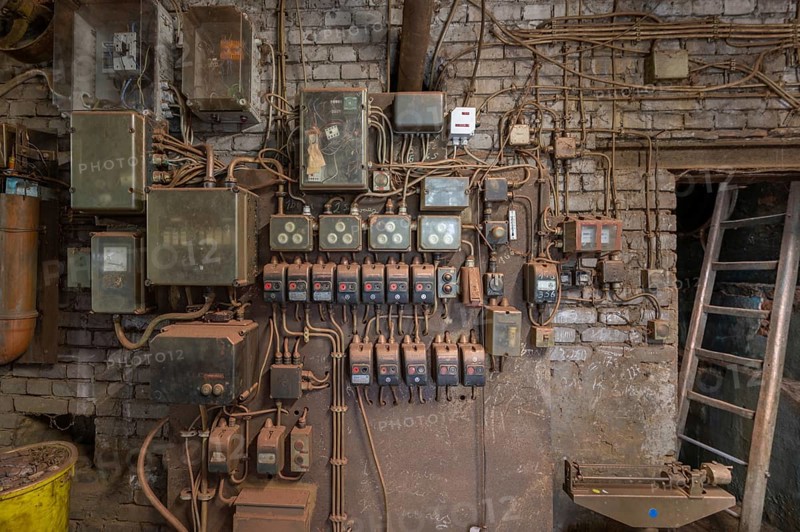 Wall with switches and fuses in the bronze powder production building, founded in 1900, metal powder mill, Igensdorf, Upper Franconia, Bavaria, Germany, Europe